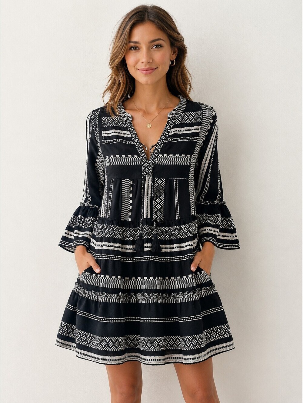 Elan Black White Boho Embroidered Cotton Tunic Dress L Bell Sleeve Peasant